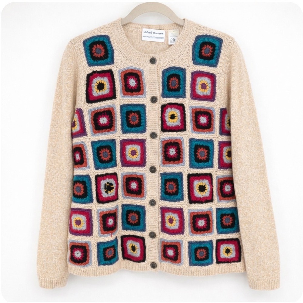 Alfred Dunner Petite Granny Square Crochet Cardigan Sweater Beige Sz PL - Picture 1 of 12